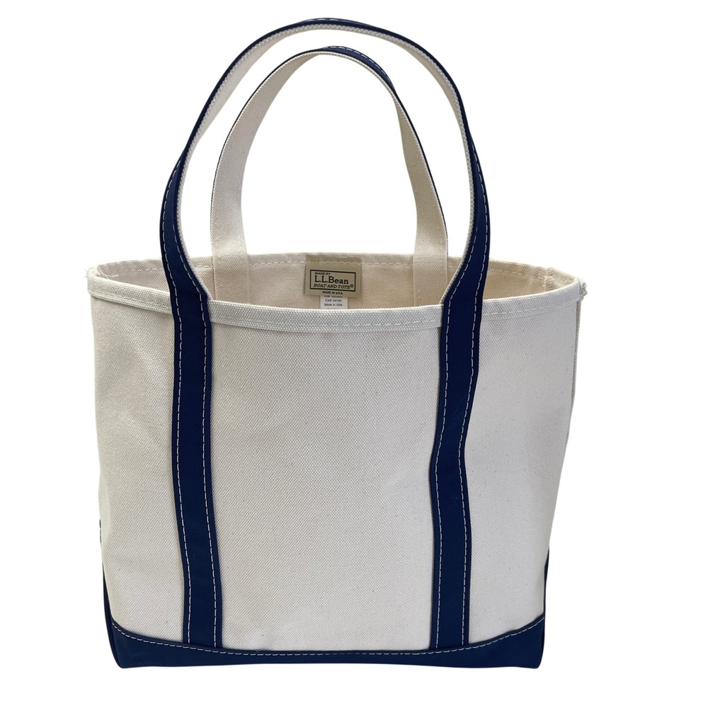 L.L.Bean Boat and Tote Medium White Navy Canvas Shoulder Bag USA Made 112636